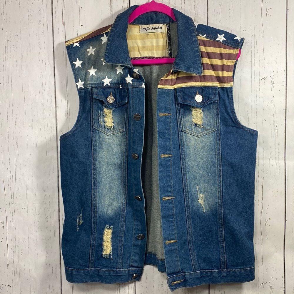 Najia Symbol American Flag Patriotic Distressed Denim Biker Sleeveless Jean Vest